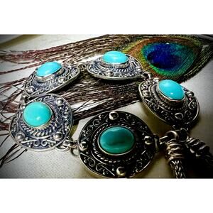 Blue Amazonite Bali Style Sterling Silver Link Bracelet Sz 8.5" 24g